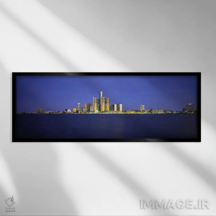 تابلو دکوراتیو Detroit, Michigan, USA,ساختمان ها در حاشیه آب، دیترویت… اثر پانورامیک ایمجز - نمای قابدار مشکی