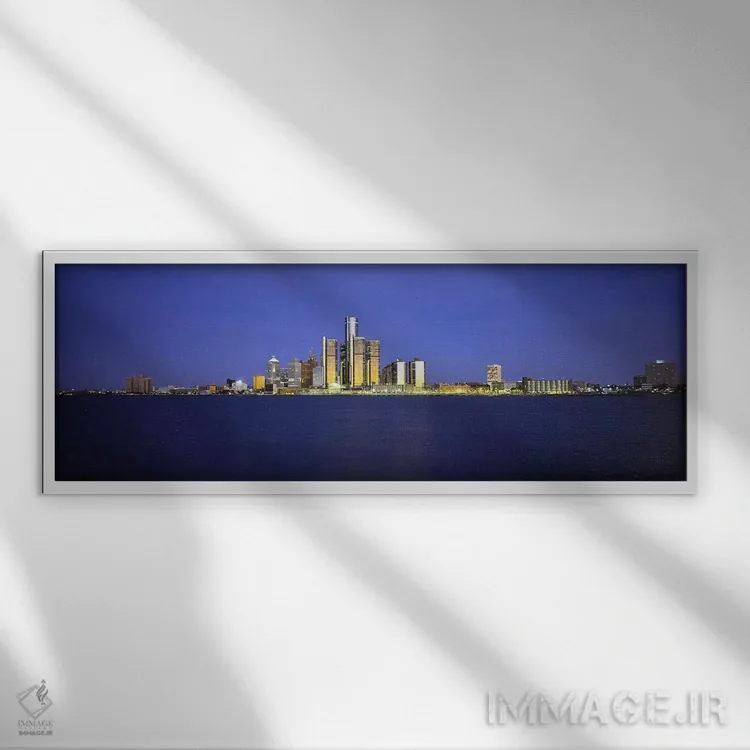 تابلو دکوراتیو Detroit, Michigan, USA,ساختمان ها در حاشیه آب، دیترویت… اثر پانورامیک ایمجز - نمای قابدار سفید