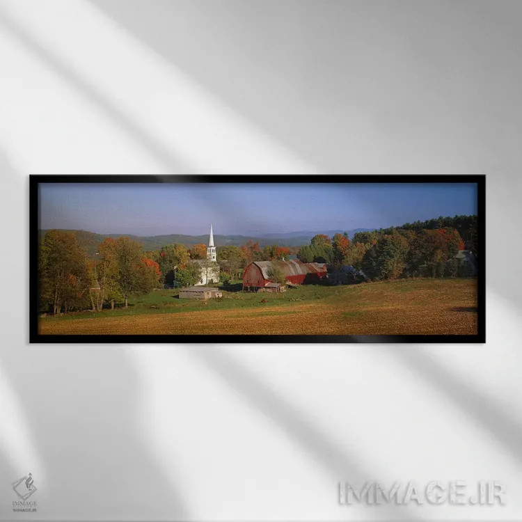 تابلو دکوراتیو Peacham, Vermont, USA,کلیسا و انباری در مزرعه، پیچم، ور… اثر پانورامیک ایمجز - نمای قابدار مشکی
