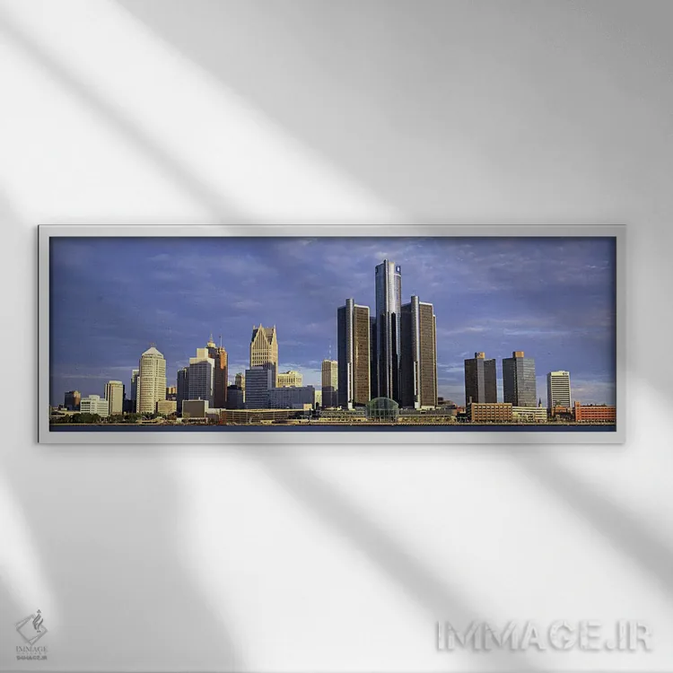 تابلو دکوراتیو Detroit, Michigan, USA #2,آسمان خراش ها در حاشیه آب، دی… اثر پانورامیک ایمجز - نمای قابدار سفید