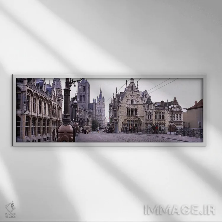 تابلو دکوراتیو St. Nicolas Church, Ghent, Belgium,گردشگران در حال قدم… اثر پانورامیک ایمجز - نمای قابدار سفید