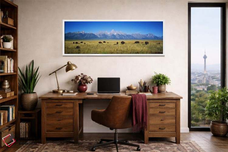 تابلو دکوراتیو Wyoming, USA,گله گاومیش در دشتی با کوه ها در پس زمینه… اثر پانورامیک ایمجز - D1W