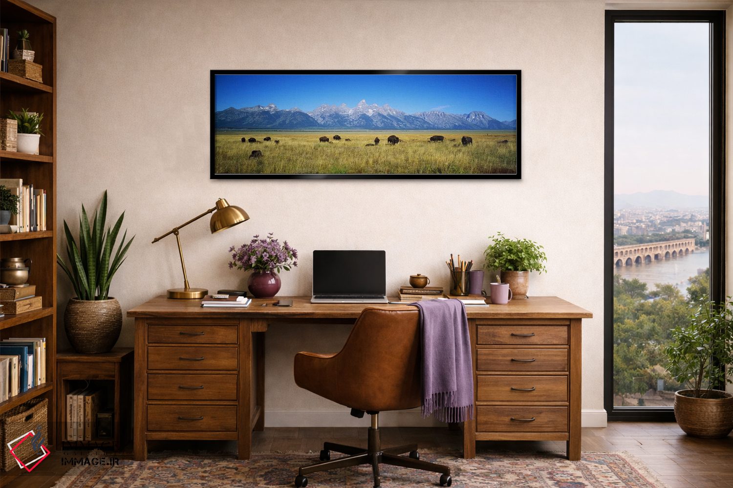 تابلو دکوراتیو Wyoming, USA,گله گاومیش در دشتی با کوه ها در پس زمینه… اثر پانورامیک ایمجز - D2B