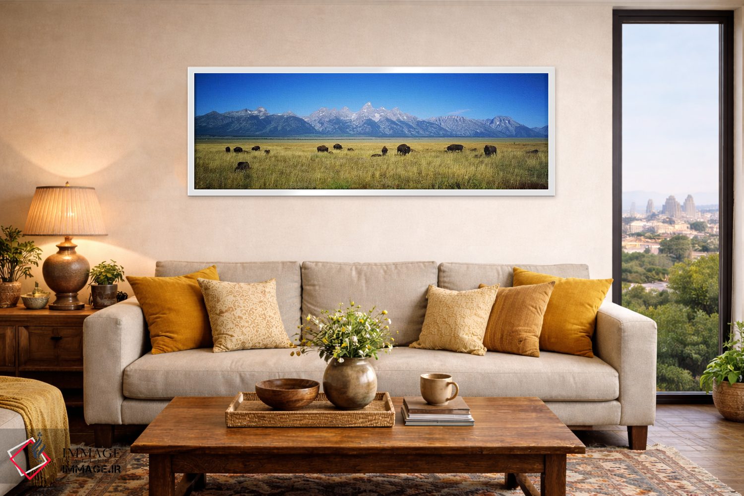 تابلو دکوراتیو Wyoming, USA,گله گاومیش در دشتی با کوه ها در پس زمینه… اثر پانورامیک ایمجز - D5W