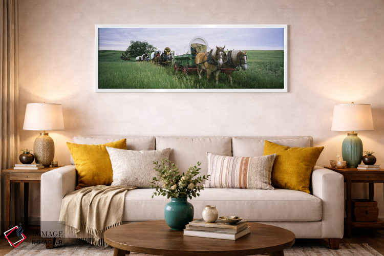 تابلو دکوراتیو Covered wagons in a field, North Dakota, USA,بازسازی تا… اثر پانورامیک ایمجز - D1W