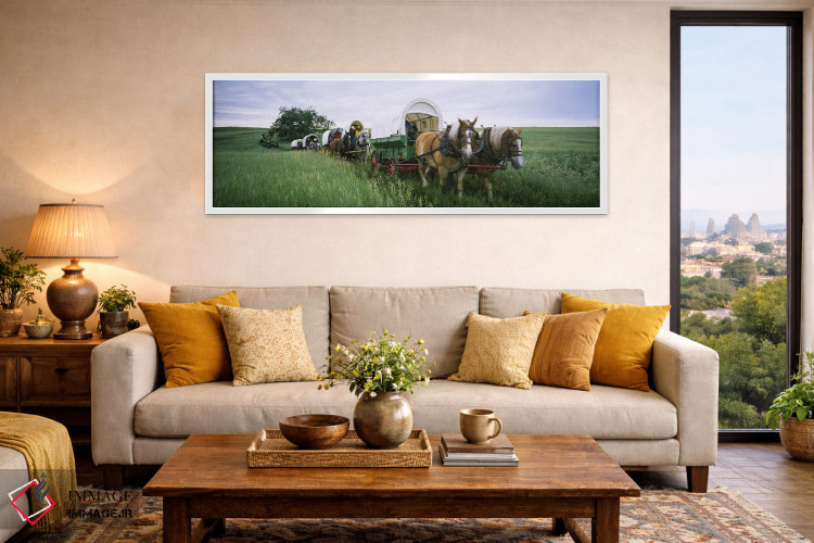تابلو دکوراتیو Covered wagons in a field, North Dakota, USA,بازسازی تا… اثر پانورامیک ایمجز - D4W