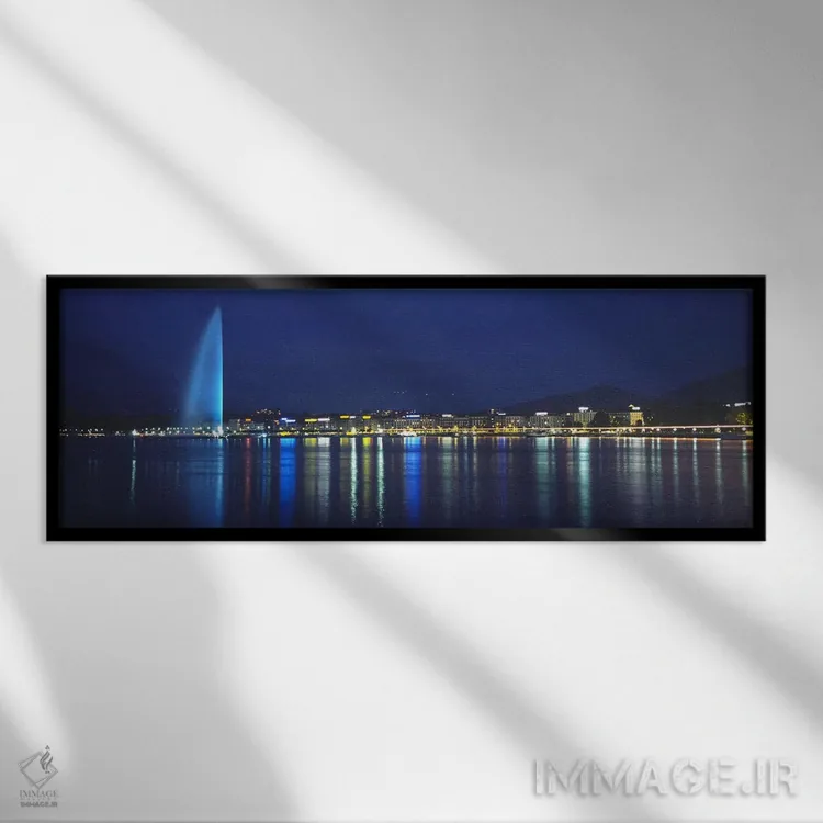 تابلو دکوراتیو Geneva, Switzerland,چشمه جت-دو و ساختمان های نورانی در… اثر پانورامیک ایمجز - نمای قابدار مشکی