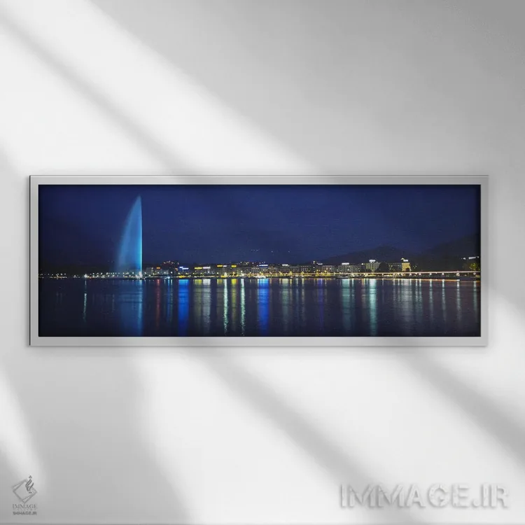 تابلو دکوراتیو Geneva, Switzerland,چشمه جت-دو و ساختمان های نورانی در… اثر پانورامیک ایمجز - نمای قابدار سفید