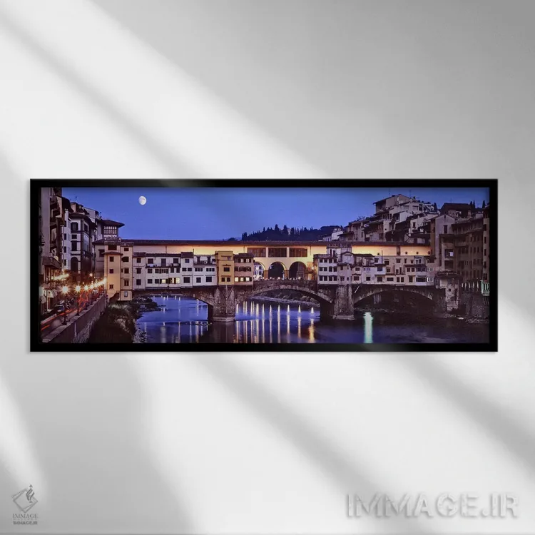 تابلو دکوراتیو Florence, Tuscany, Italy,پل وکیو در شب، فلورانس، توسکان… اثر پانورامیک ایمجز - نمای قابدار مشکی