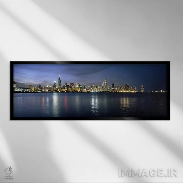 تابلو دکوراتیو Chicago, Cook County, Illinois, USA,خط افق مرکز شهر در… اثر پانورامیک ایمجز - نمای قابدار مشکی