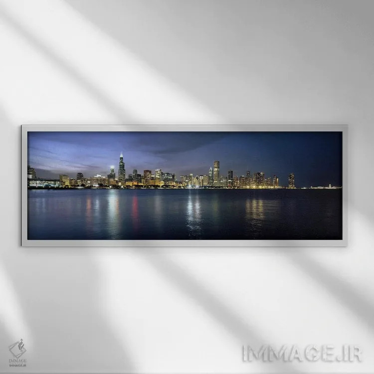 تابلو دکوراتیو Chicago, Cook County, Illinois, USA,خط افق مرکز شهر در… اثر پانورامیک ایمجز - نمای قابدار سفید