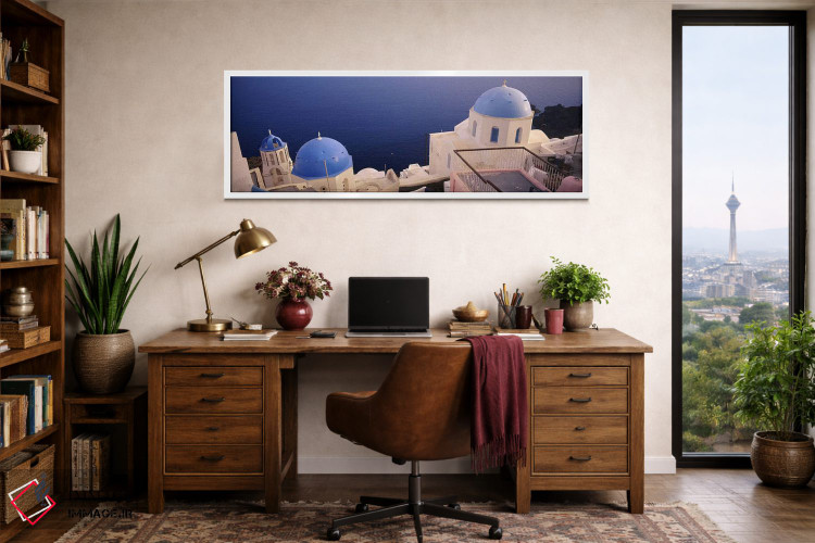 تابلو دکوراتیو Oia, Santorini, Greece,نمای بالا از کلیسای گنبد آبی در… اثر پانورامیک ایمجز - D1W