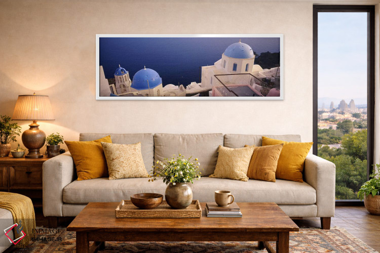 تابلو دکوراتیو Oia, Santorini, Greece,نمای بالا از کلیسای گنبد آبی در… اثر پانورامیک ایمجز - D4W