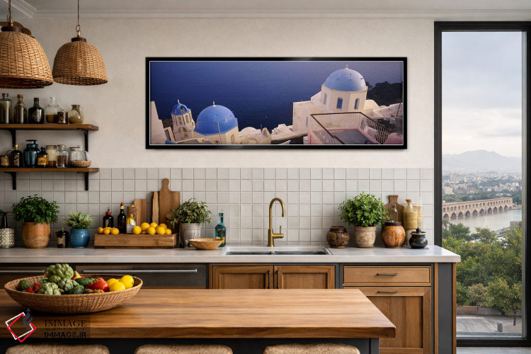 تابلو دکوراتیو Oia, Santorini, Greece,نمای بالا از کلیسای گنبد آبی در… اثر پانورامیک ایمجز - D3B