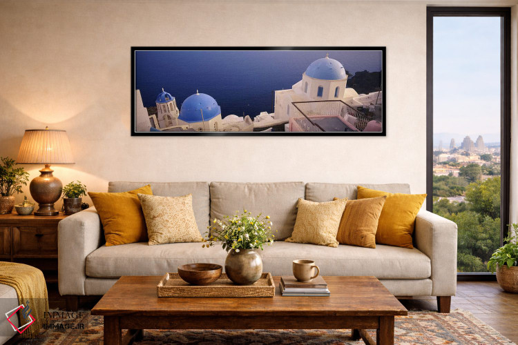 تابلو دکوراتیو Oia, Santorini, Greece,نمای بالا از کلیسای گنبد آبی در… اثر پانورامیک ایمجز - D6B