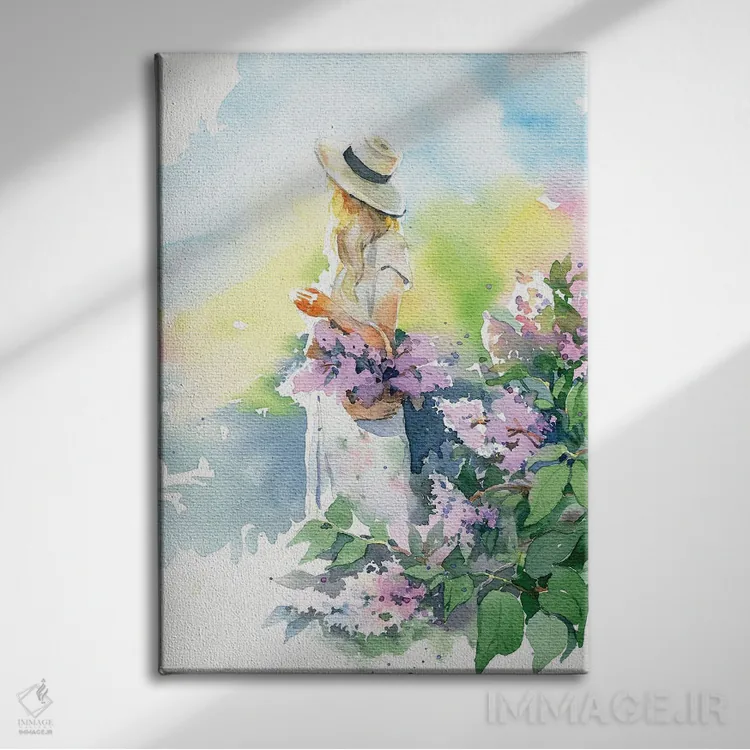 تابلو دکوراتیو دختر با گل یاس بنفش اثر مارینا ایگناتووا - نمای روبهرو روی دیوار
