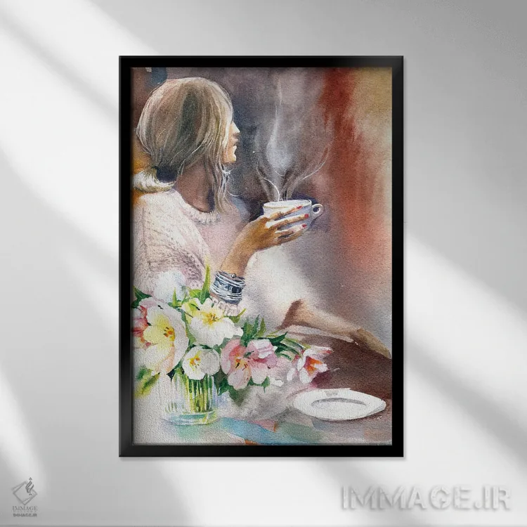 تابلو دکوراتیو لاله و قهوه اثر مارینا ایگناتووا - نمای قابدار مشکی