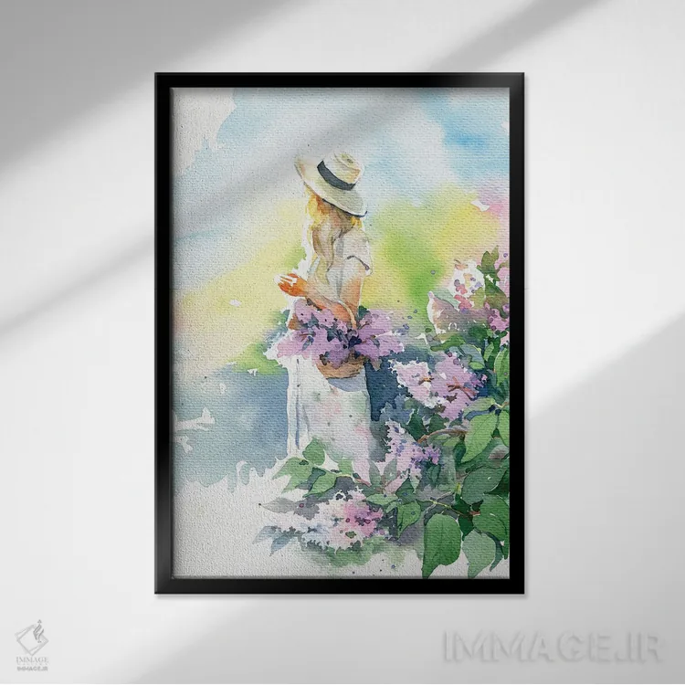 تابلو دکوراتیو دختر با گل یاس بنفش اثر مارینا ایگناتووا - نمای قابدار مشکی