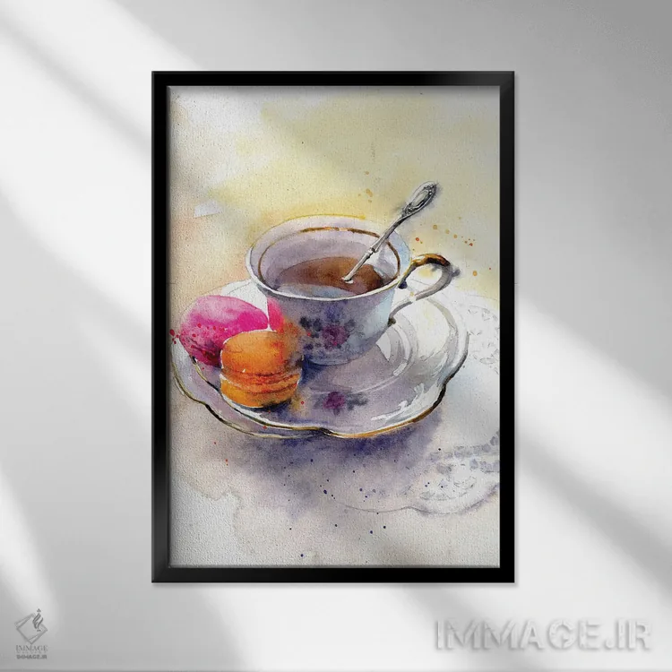 تابلو دکوراتیو فنجان چای با دسر اثر مارینا ایگناتووا - نمای قابدار مشکی