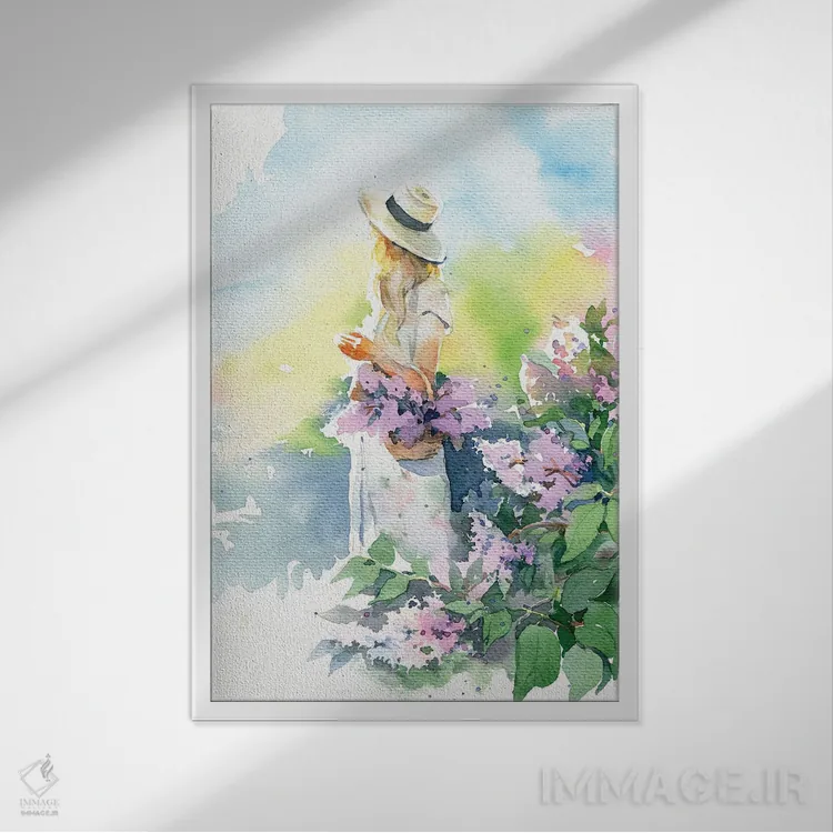 تابلو دکوراتیو دختر با گل یاس بنفش اثر مارینا ایگناتووا - نمای قابدار سفید