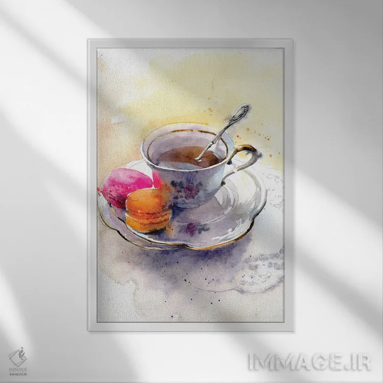 تابلو دکوراتیو فنجان چای با دسر اثر مارینا ایگناتووا - نمای قابدار سفید