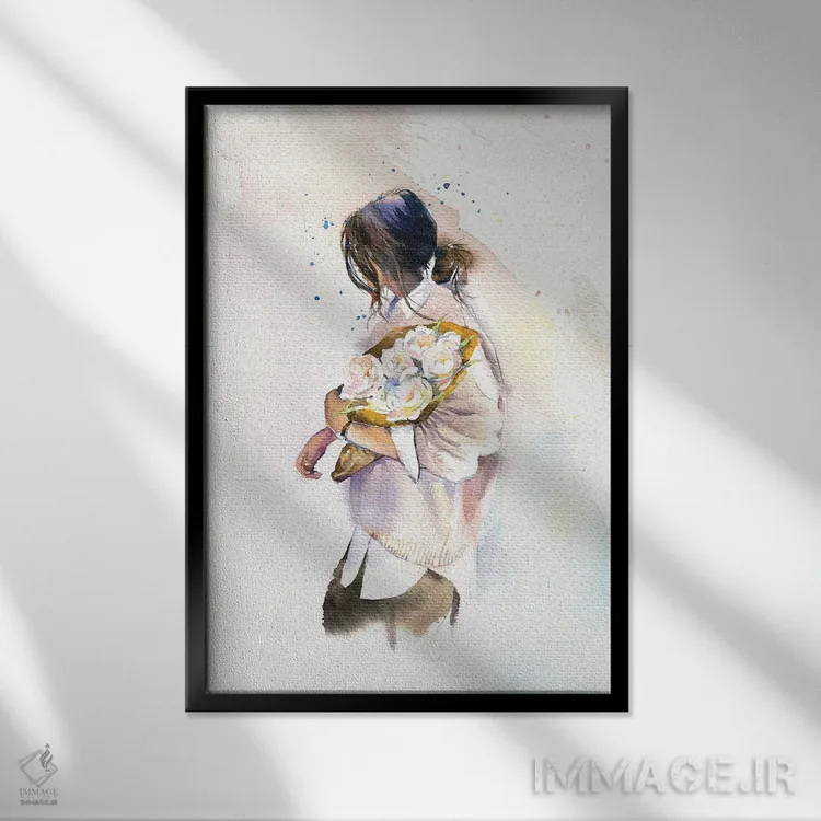 تابلو دکوراتیو دختر با گل ها اثر مارینا ایگناتووا - نمای قابدار مشکی