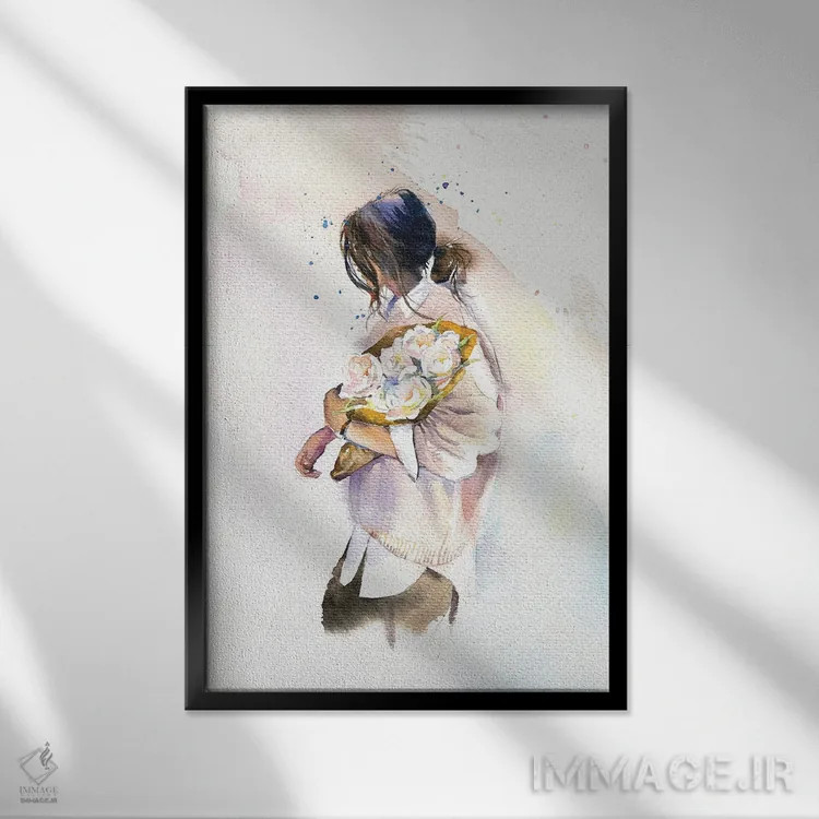 تابلو دکوراتیو دختر با گل ها اثر مارینا ایگناتووا - نمای قابدار مشکی