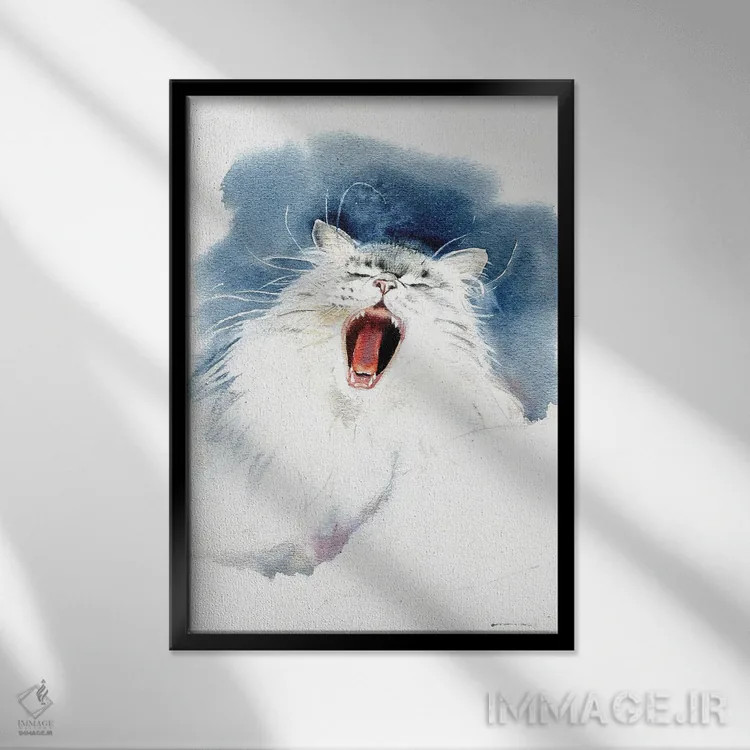 تابلو دکوراتیو گربه خمیازه کش اثر مارینا ایگناتووا - نمای قابدار مشکی