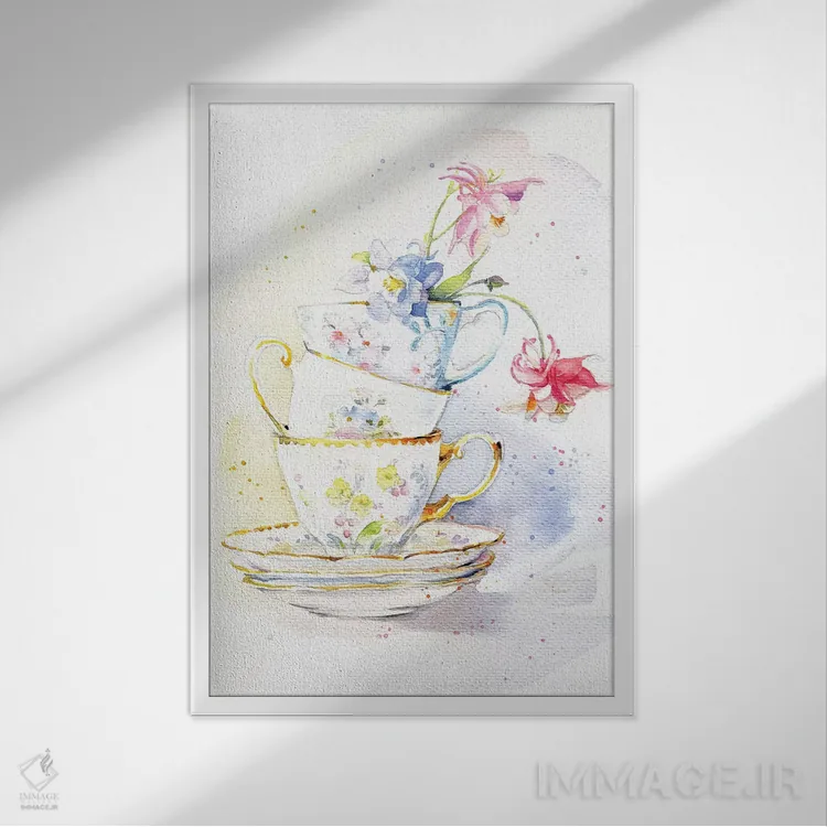 تابلو دکوراتیو ظروف چای اثر مارینا ایگناتووا - نمای قابدار سفید