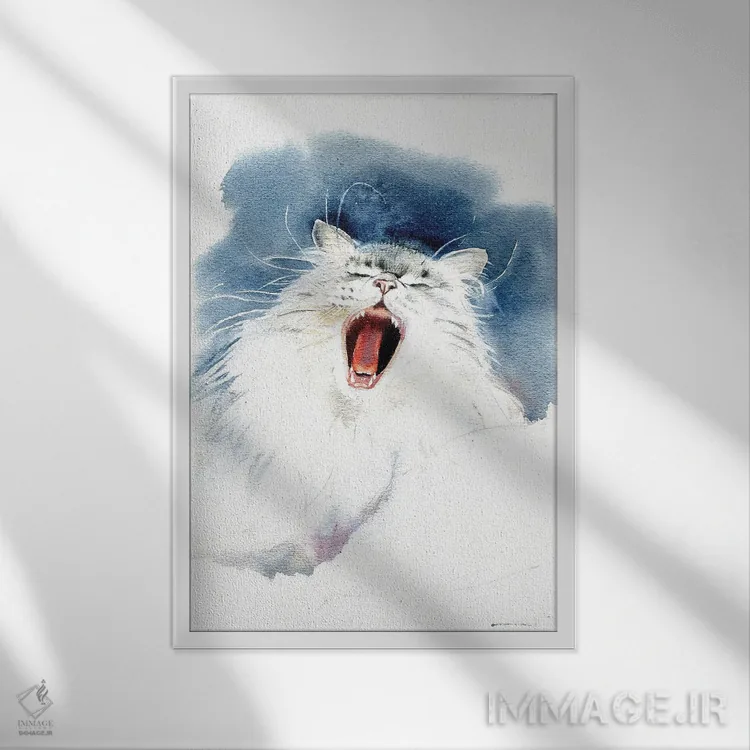 تابلو دکوراتیو گربه خمیازه کش اثر مارینا ایگناتووا - نمای قابدار سفید