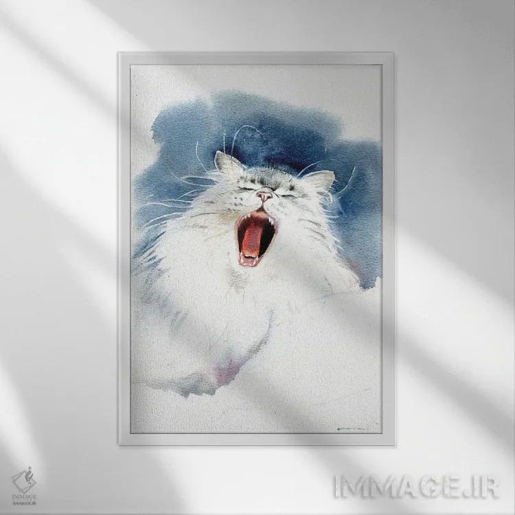 تابلو دکوراتیو گربه خمیازه کش اثر مارینا ایگناتووا - نمای قابدار سفید