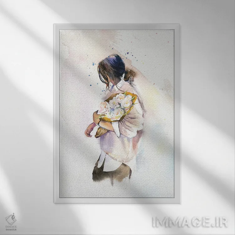 تابلو دکوراتیو دختر با گل ها اثر مارینا ایگناتووا - نمای قابدار سفید