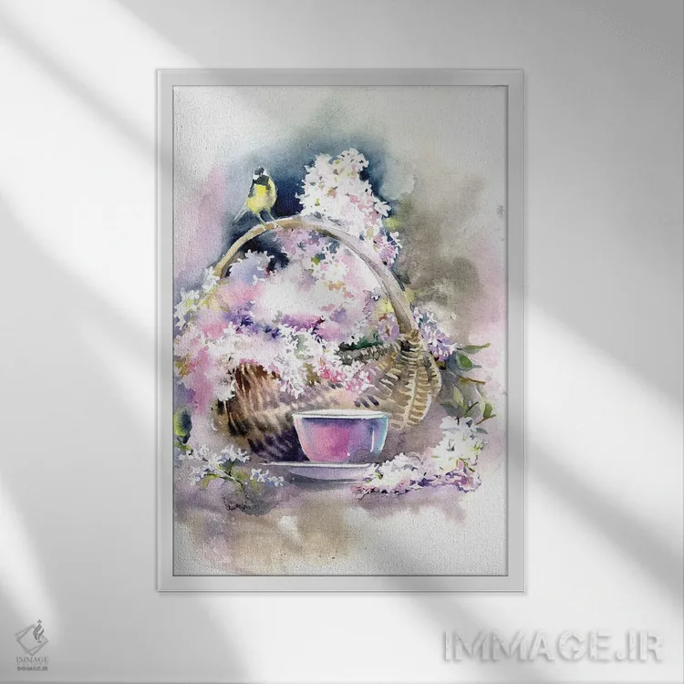 تابلو دکوراتیو سبد با یاس بنفش اثر مارینا ایگناتووا - نمای قابدار سفید