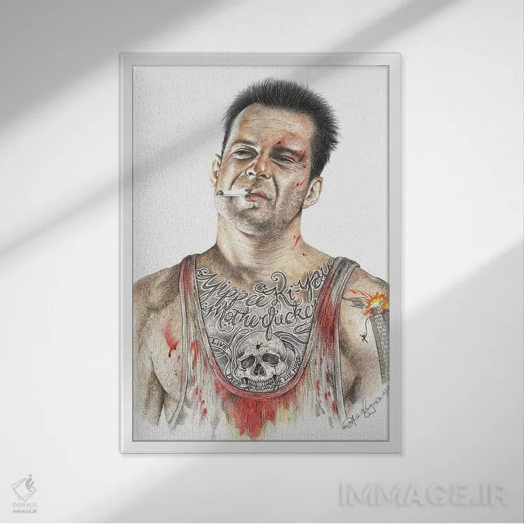 تابلو دکوراتیو جان سخت اثر اینکد آیکونز - نمای قابدار سفید