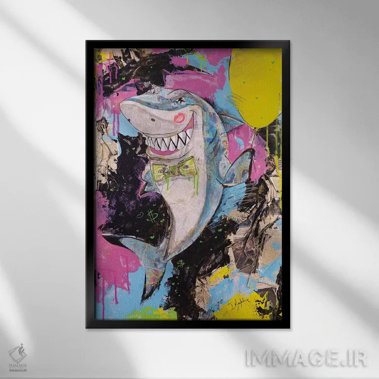 تابلو دکوراتیو کوسه اثر اینس کاپلون - نمای قابدار مشکی