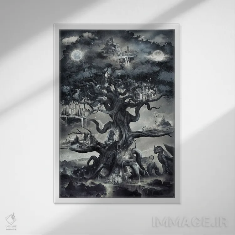 تابلو دکوراتیو ایگدراسیل درخت جهان نورس اثر ایکارونا - نمای قابدار سفید