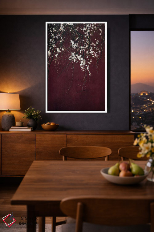 تابلو دکوراتیو شکوفه ها روی زمینه قرمز یاقوتی اثر اینگرید بدوز - D2W