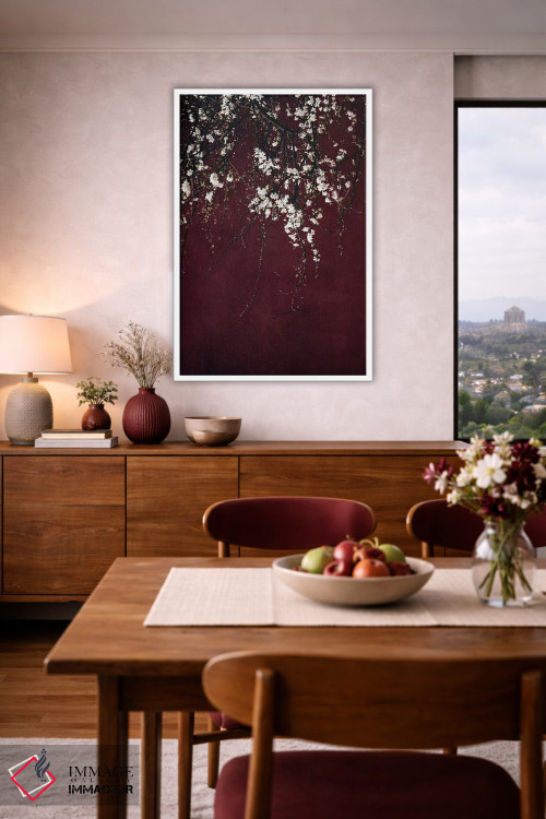 تابلو دکوراتیو شکوفه ها روی زمینه قرمز یاقوتی اثر اینگرید بدوز - D3W