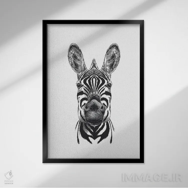 تابلو دکوراتیو تصویرسازی گورخر اثر اینکادو - نمای قابدار مشکی