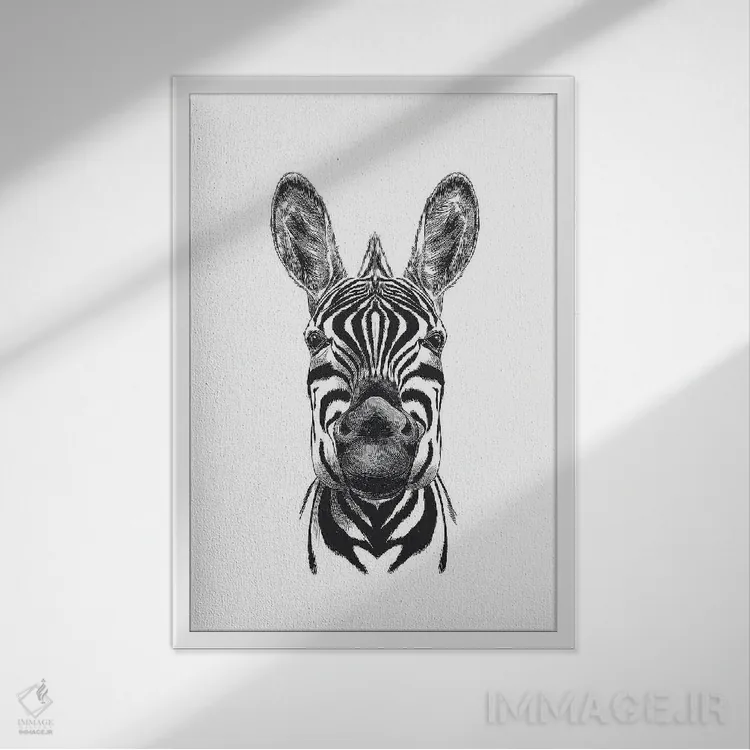 تابلو دکوراتیو تصویرسازی گورخر اثر اینکادو - نمای قابدار سفید