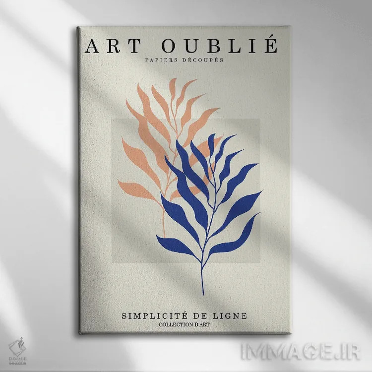 تابلو مینیمال برگ های نارنجی و آبی اثر اینکادو - نمای روبهرو روی دیوار