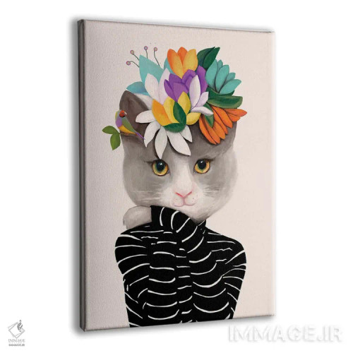 تابلو دکوراتیو گربه با گل ها و فنچ اثر یوانا هوروات - نمای پرسپکتیو محصول