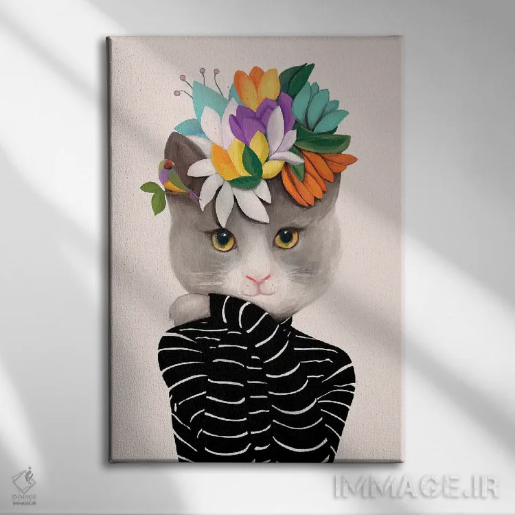 تابلو دکوراتیو گربه با گل ها و فنچ اثر یوانا هوروات - نمای روبهرو روی دیوار