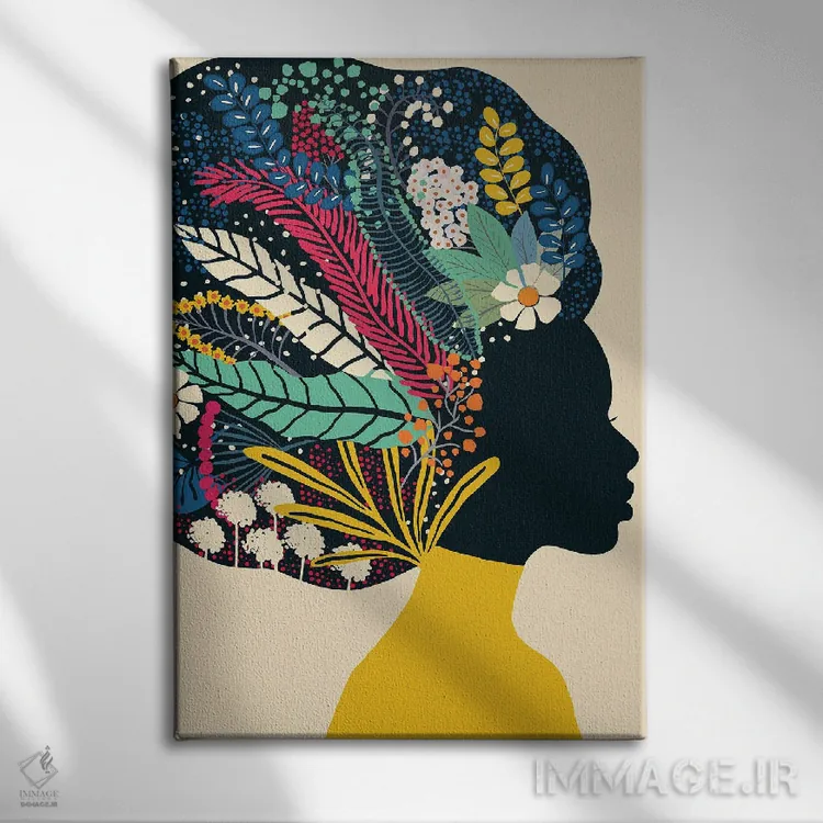 تابلو مدرن زن آفریقایی تبار با لباس زرد اثر یوانا هوروات - نمای روبهرو روی دیوار