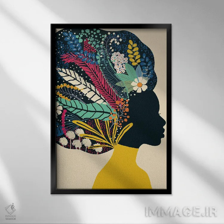 تابلو مدرن زن آفریقایی تبار با لباس زرد اثر یوانا هوروات - نمای قابدار مشکی