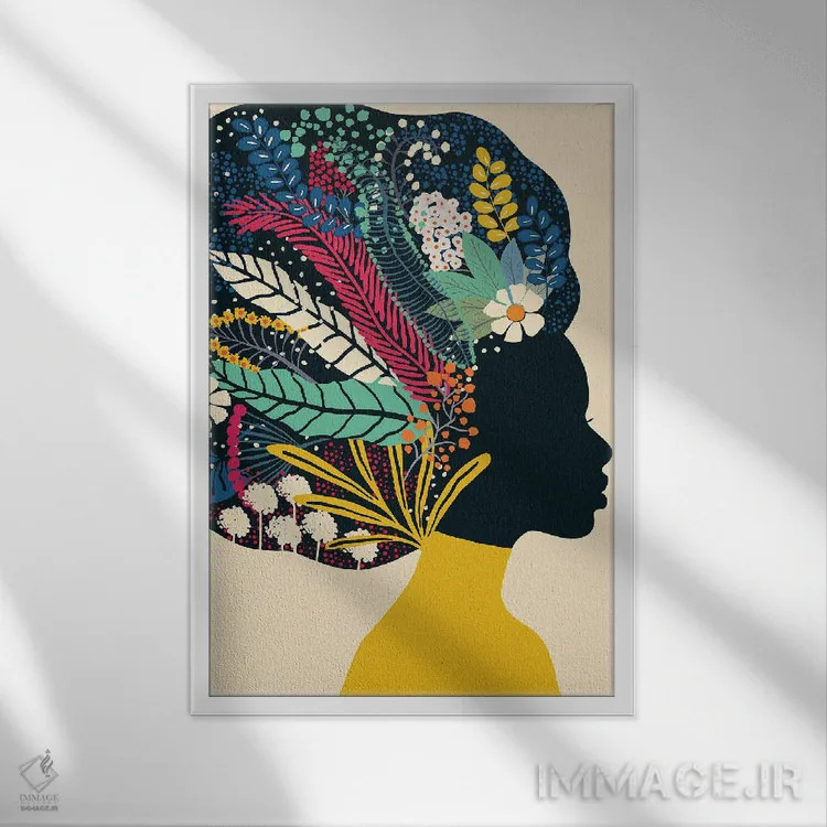 تابلو مدرن زن آفریقایی تبار با لباس زرد اثر یوانا هوروات - نمای قابدار سفید