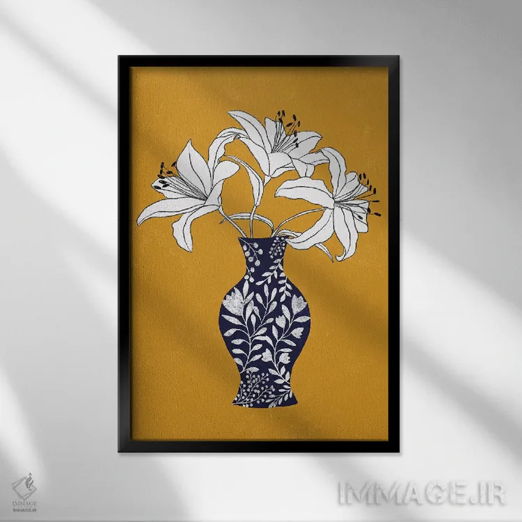 تابلو مینیمال سوسن روی زمینه زرد اثر یوانا هوروات - نمای قابدار مشکی