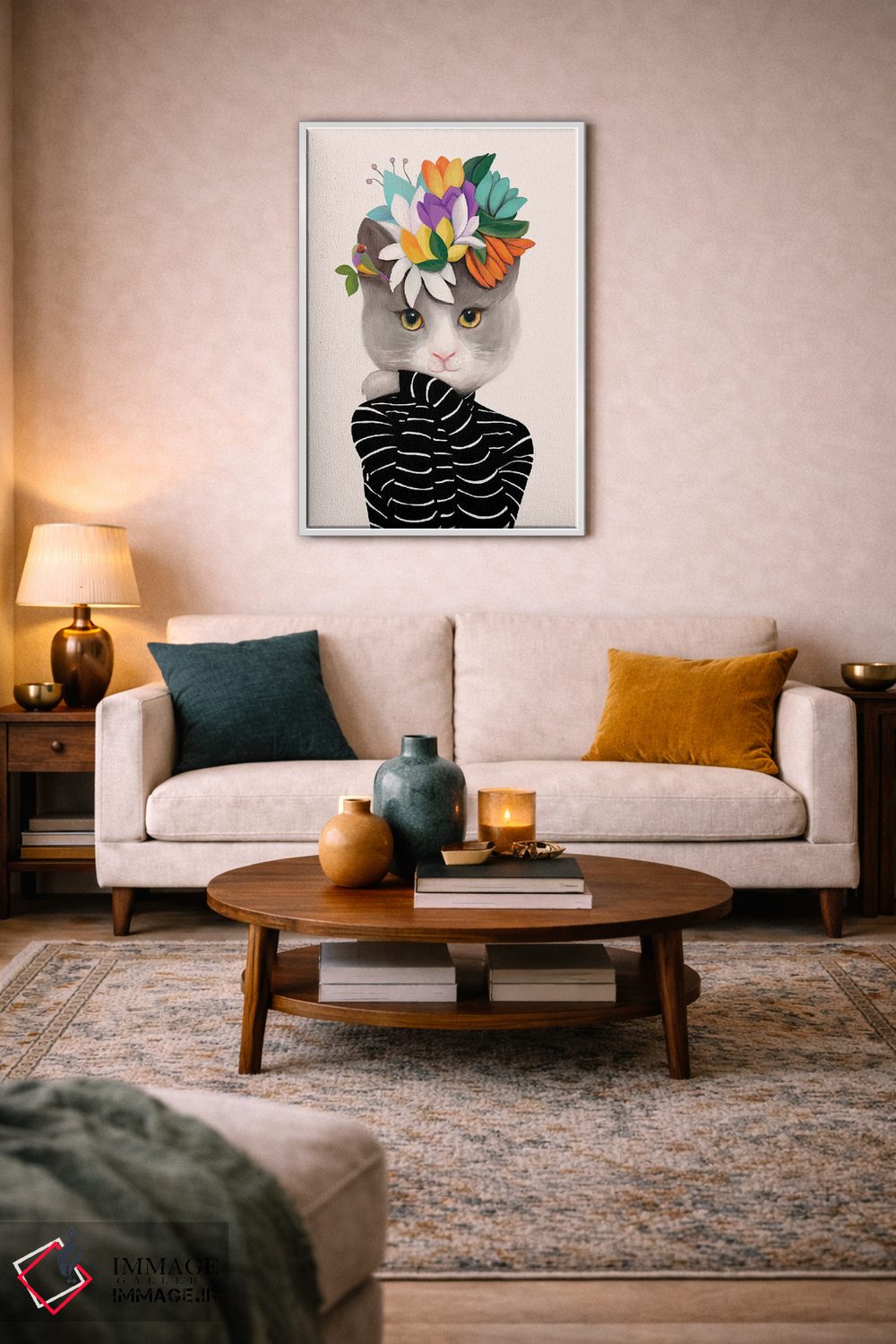تابلو دکوراتیو گربه با گل ها و فنچ اثر یوانا هوروات - D3W