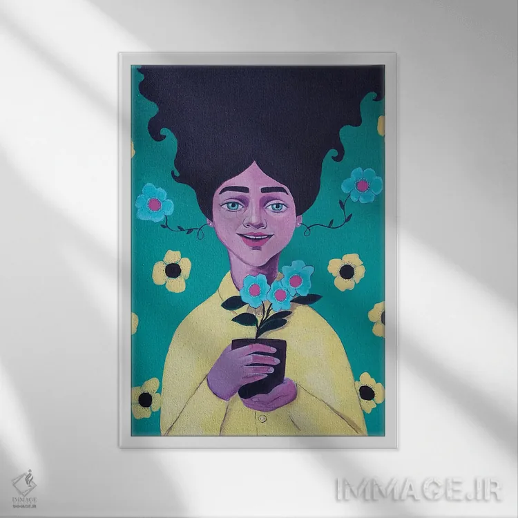 تابلو دکوراتیو دختر گل دار اثر ایرینا پاندوا - نمای قابدار سفید