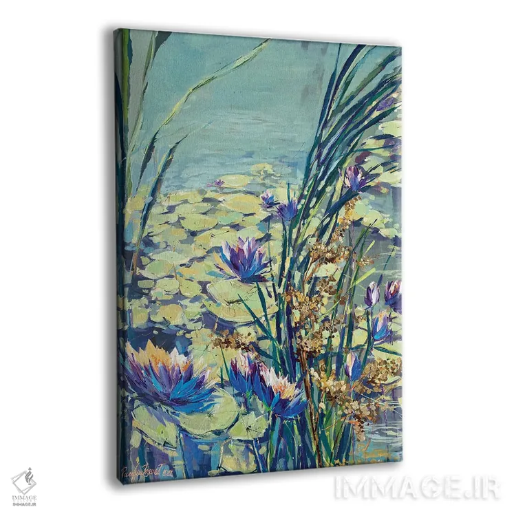 تابلو دکوراتیو نیلوفرهای آبی شکوفه دار اثر ایرینا رومیانسه وا - نمای پرسپکتیو محصول